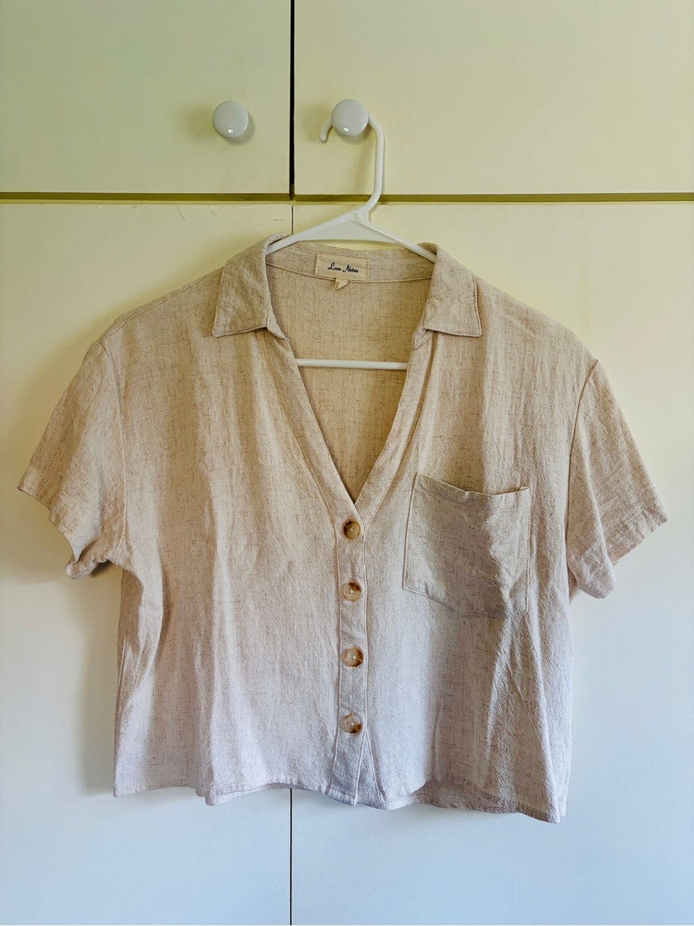 Cropped Linen-Blend Short Sleeve Button Front Top
